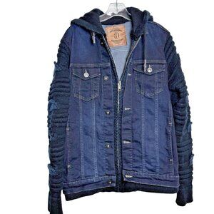 Leif Nelson Denim & Knit Hooded Trucker Jacket Men's Sizes Large LN5755A Blue